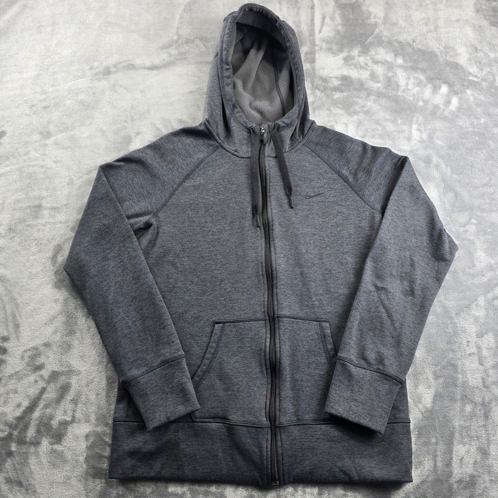 Nike Hoodie Mens Large Grey Therma-FIT Full Zip Fleece Jacket Thumbholes